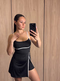 Damski kombinezon ze spódniczką i wszytymi spodenkami – sportowy, czarny, rozmiar uniwersalny